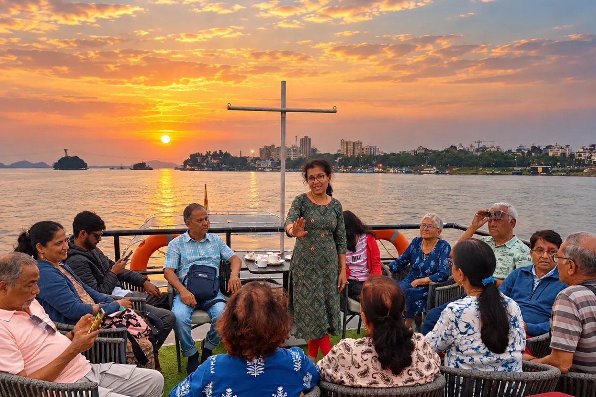 Sunset Cruise guests on the Vista Cruise deck, Brahmaputra River, Guwahati
